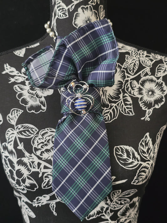 Blue and Green Plaid Necktie Necklace: Silver Spider Brooch, Women's Fashion Tie