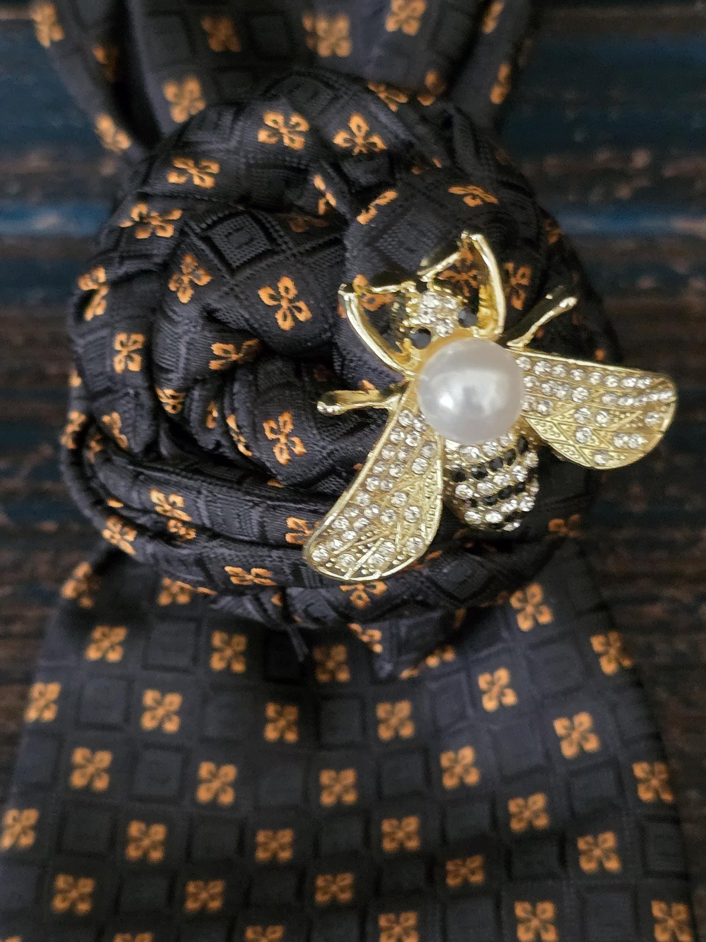 Handcrafted Black and Gold Silk Necktie Necklace: Bumble Bee Brooch Statement Jewelry