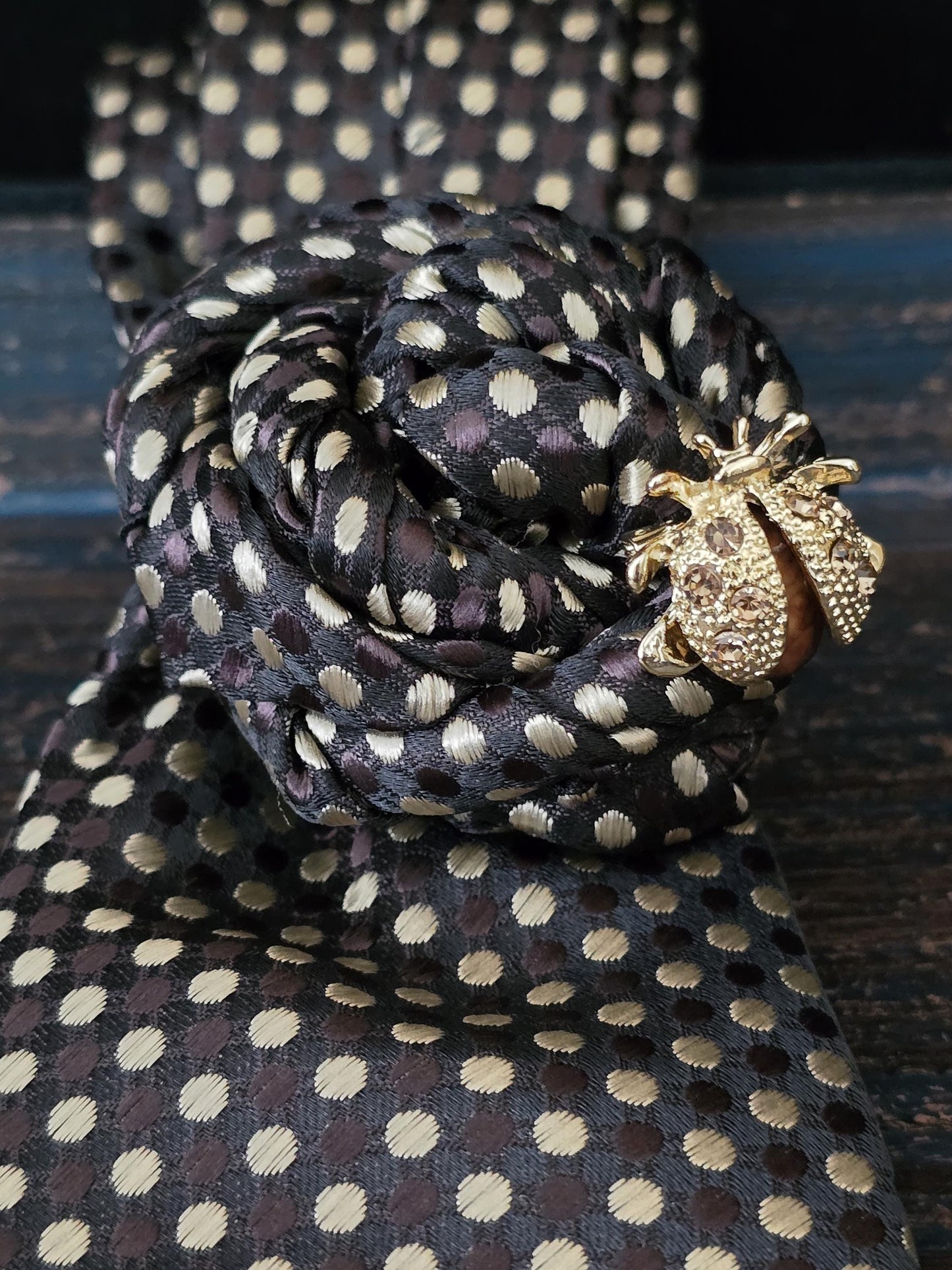 Handcrafted Chocolate Brown Silk Necktie Necklace: Ladybug Brooch Statement Jewelry