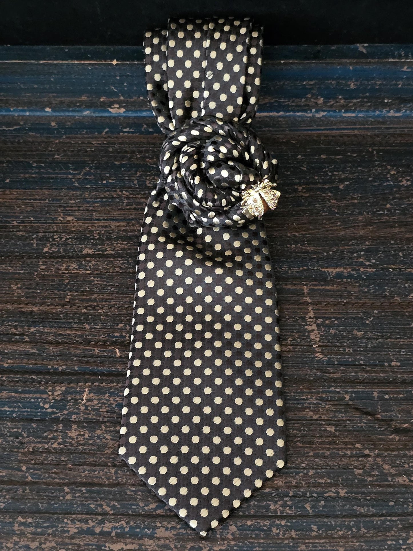 Handcrafted Chocolate Brown Silk Necktie Necklace: Ladybug Brooch Statement Jewelry