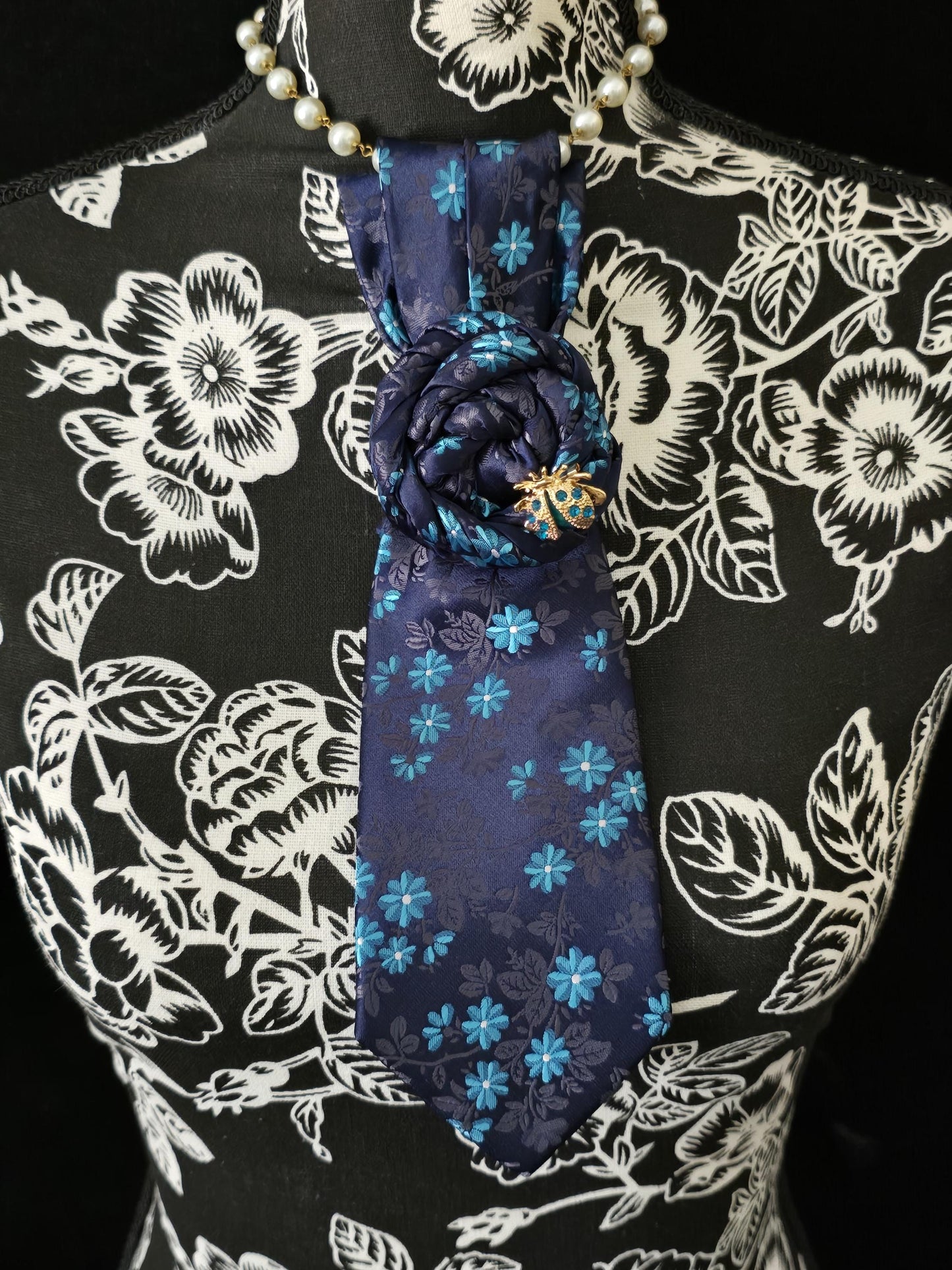 Blue Floral Necktie Necklace: Ladybug Brooch Statement Jewelry