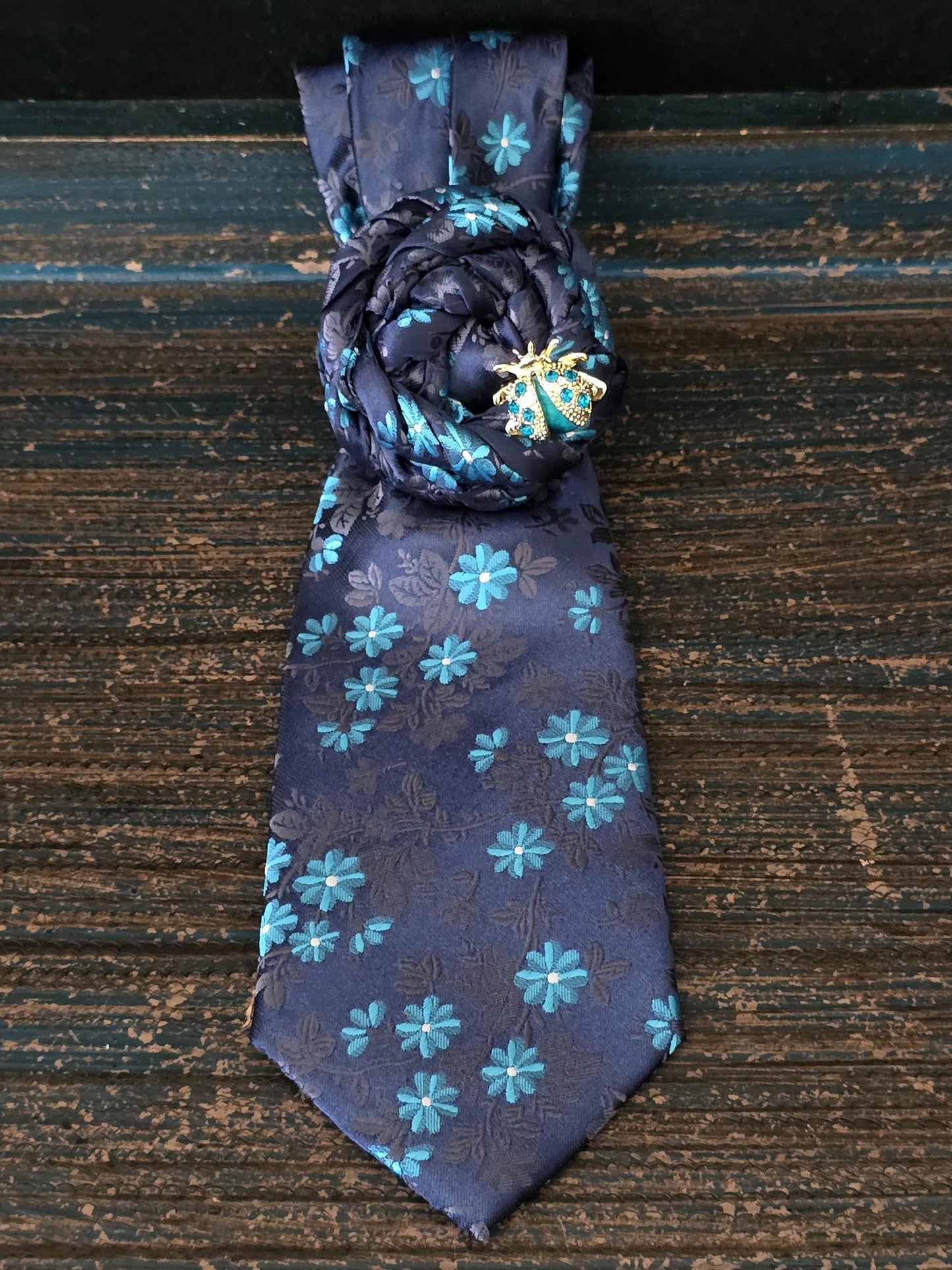 Blue Floral Necktie Necklace: Ladybug Brooch Statement Jewelry