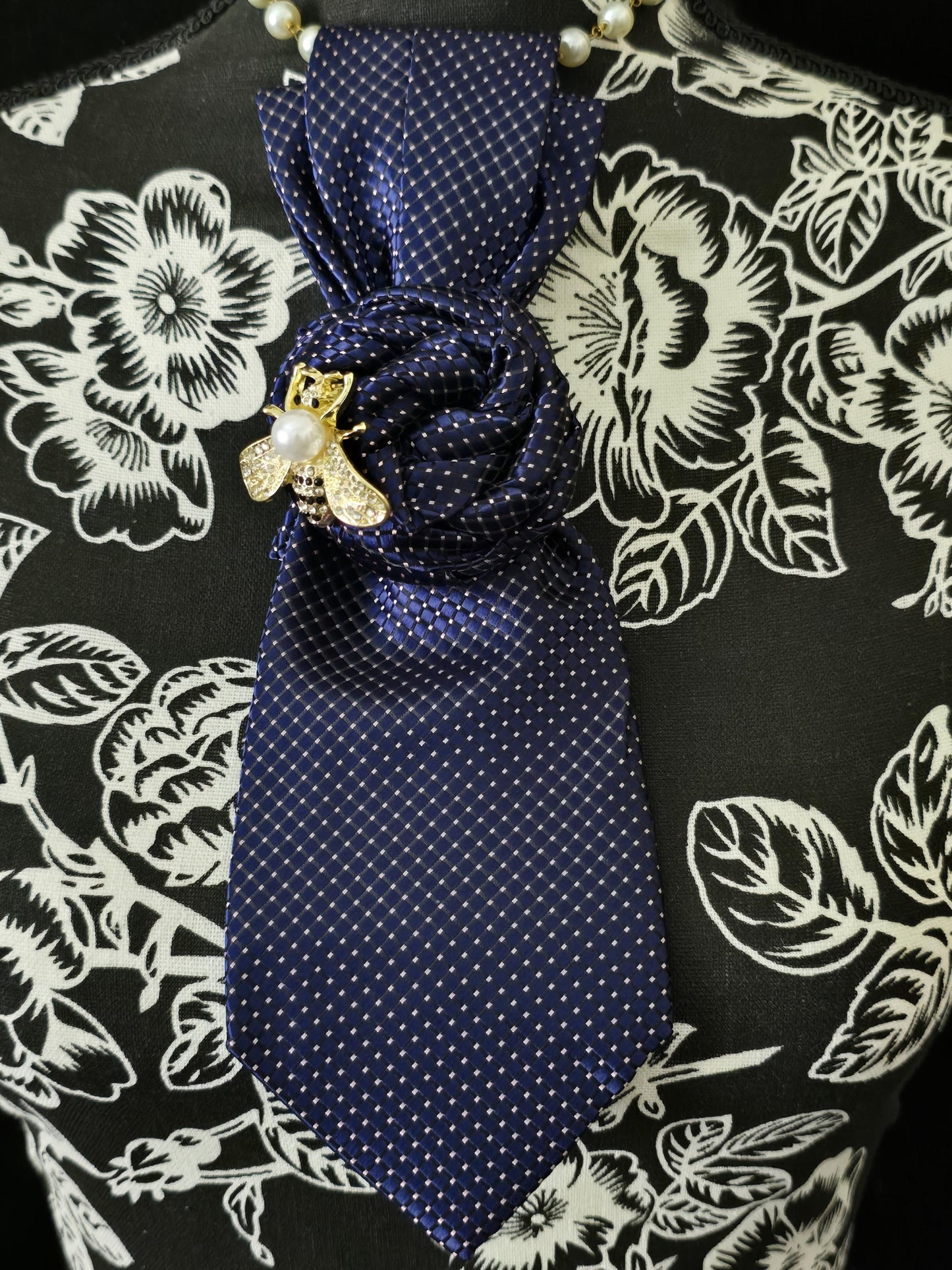 Blue and Gold Silk Necktie Necklace: Bumble Bee Brooch, Handmade Statement Jewelry