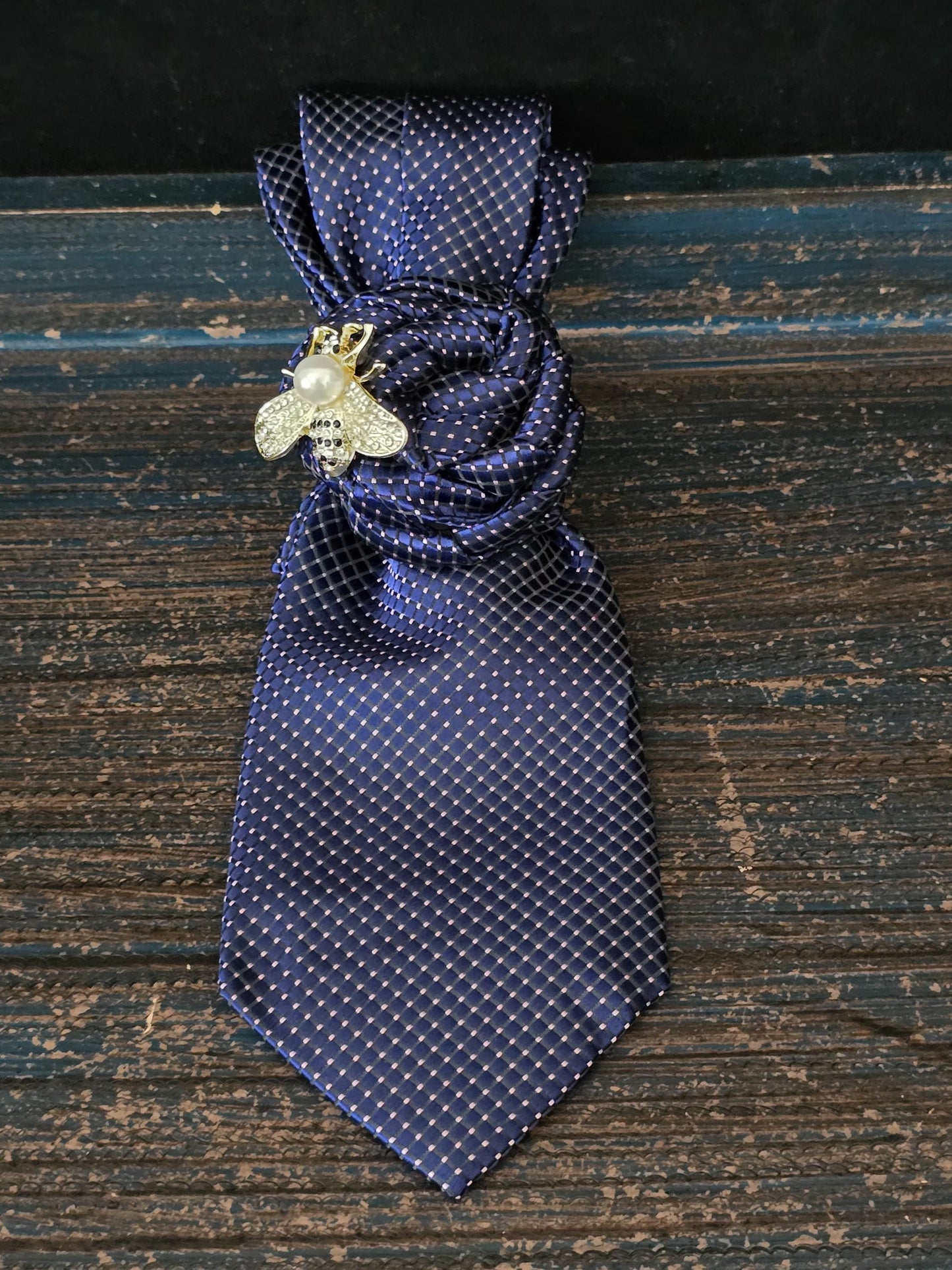 Blue and Gold Silk Necktie Necklace: Bumble Bee Brooch, Handmade Statement Jewelry
