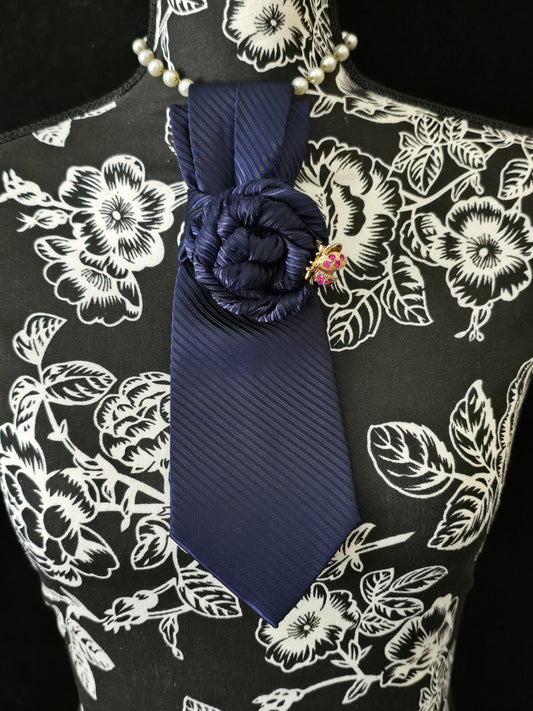 Simply Elegant Navy Blue Necktie Necklace: Ladybug Brooch Statement Jewelry