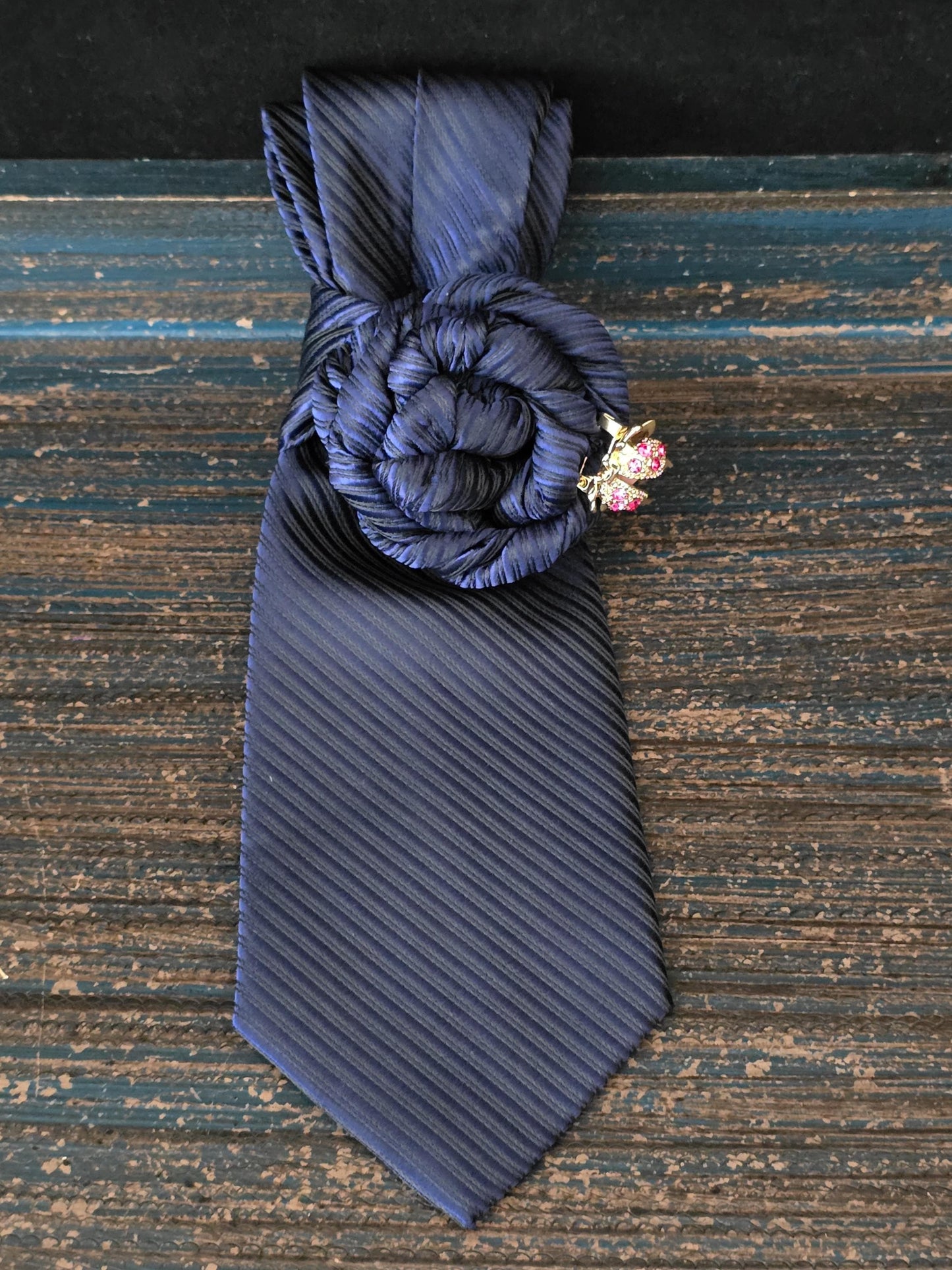 Simply Elegant Navy Blue Necktie Necklace: Ladybug Brooch Statement Jewelry