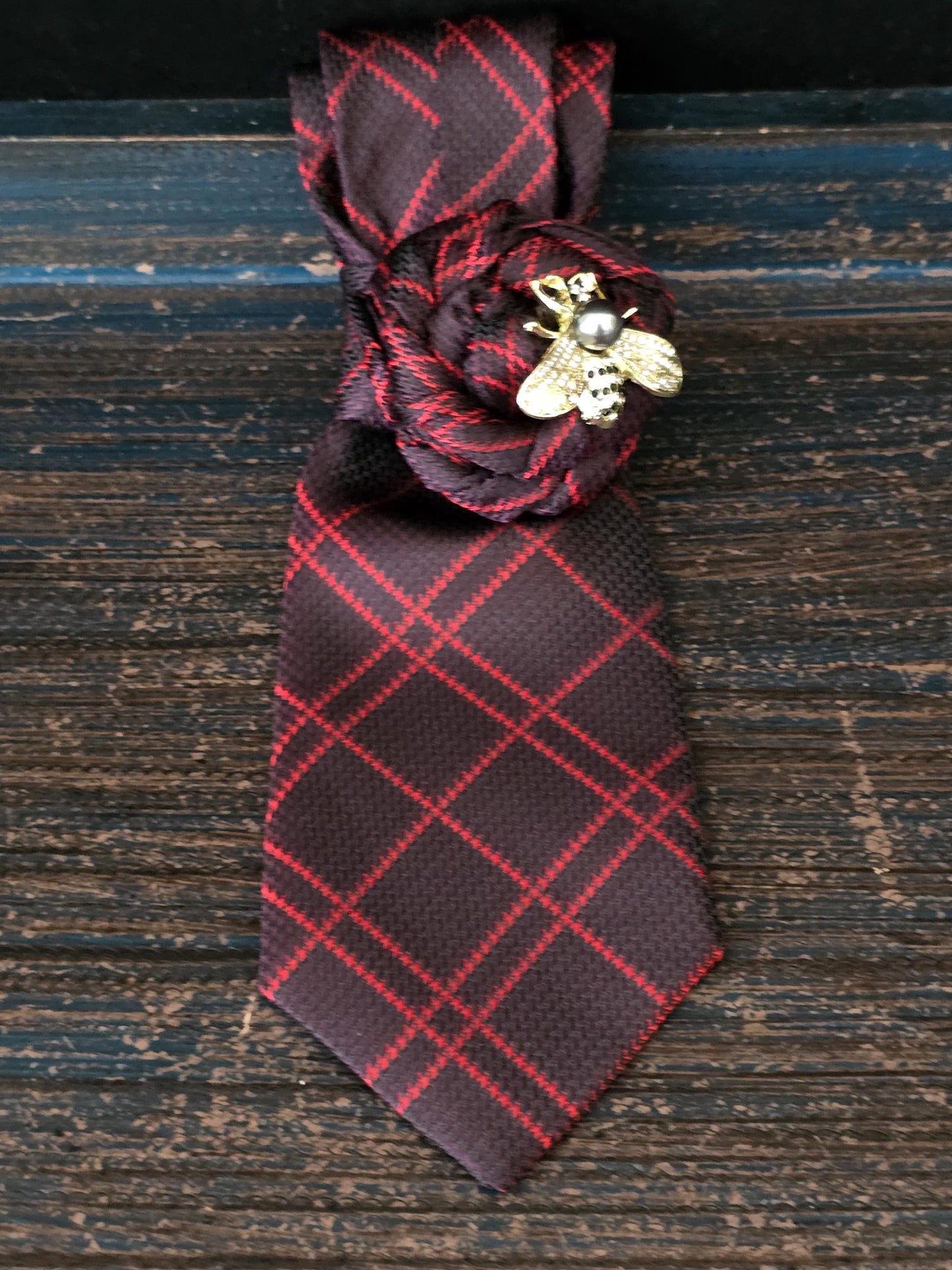 Red Plaid Necktie Necklace: Bumble Bee Brooch, Handmade Statement Jewelry