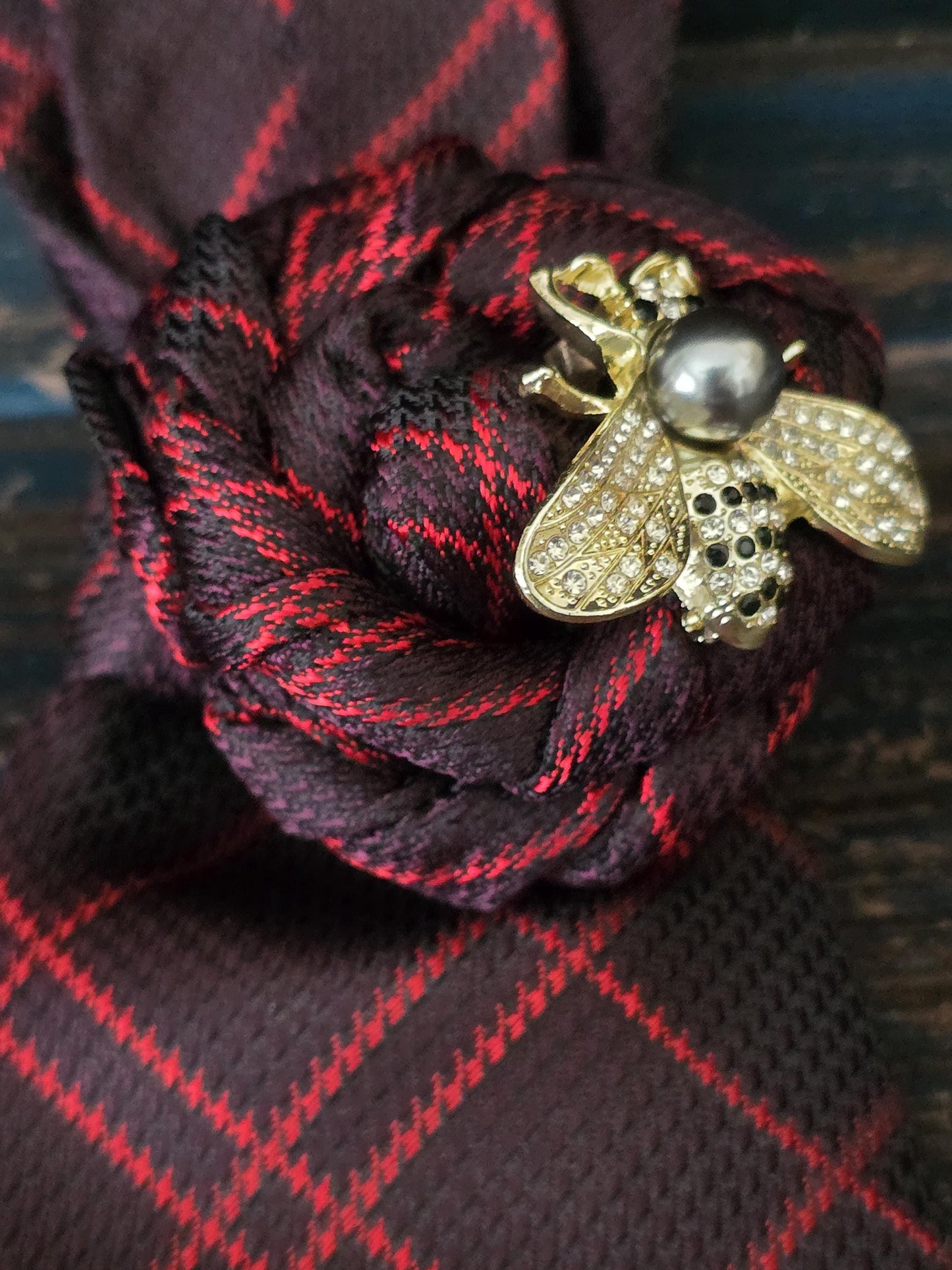 Red Plaid Necktie Necklace: Bumble Bee Brooch, Handmade Statement Jewelry