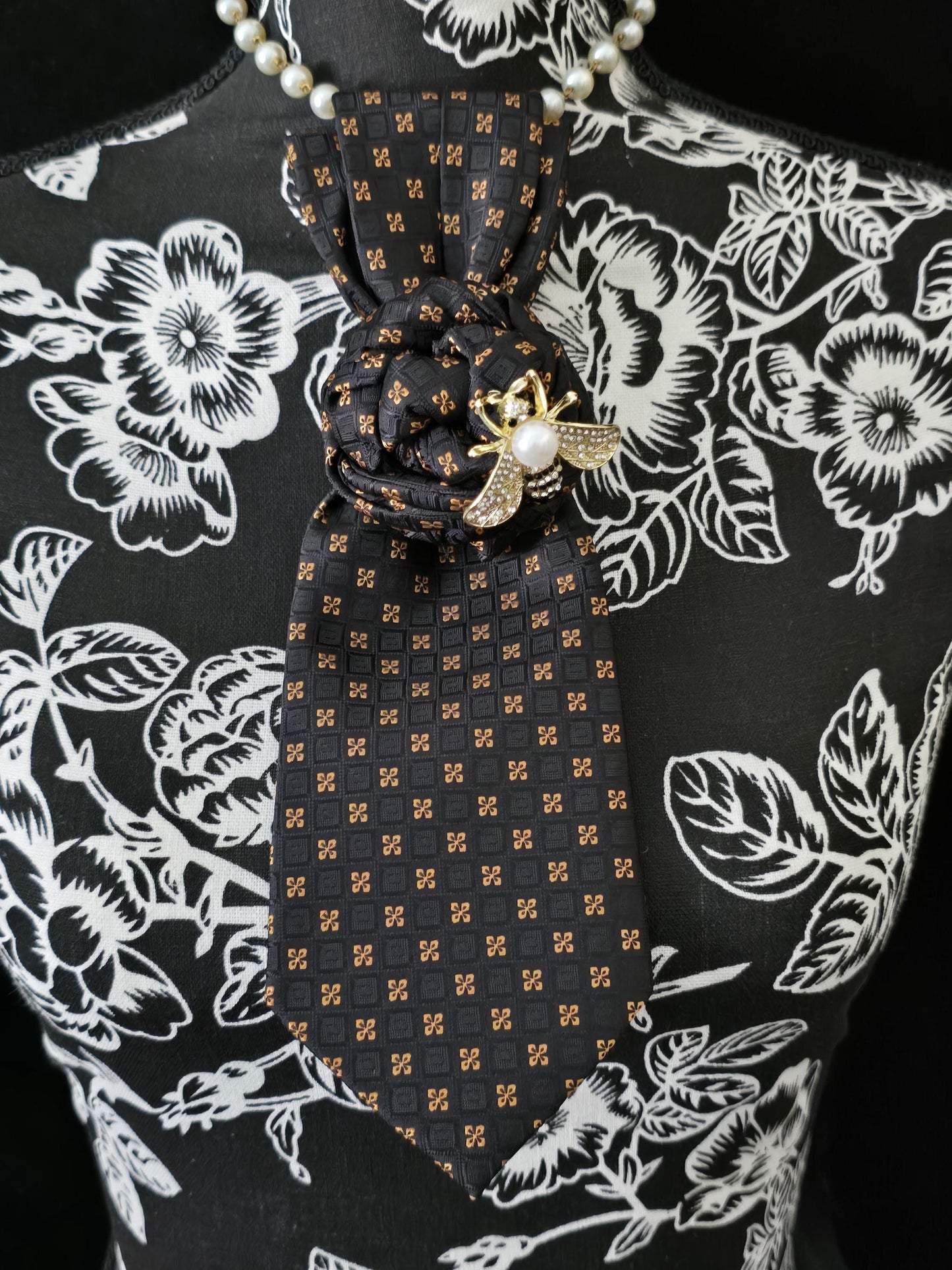 Handcrafted Black and Gold Silk Necktie Necklace: Bumble Bee Brooch Statement Jewelry