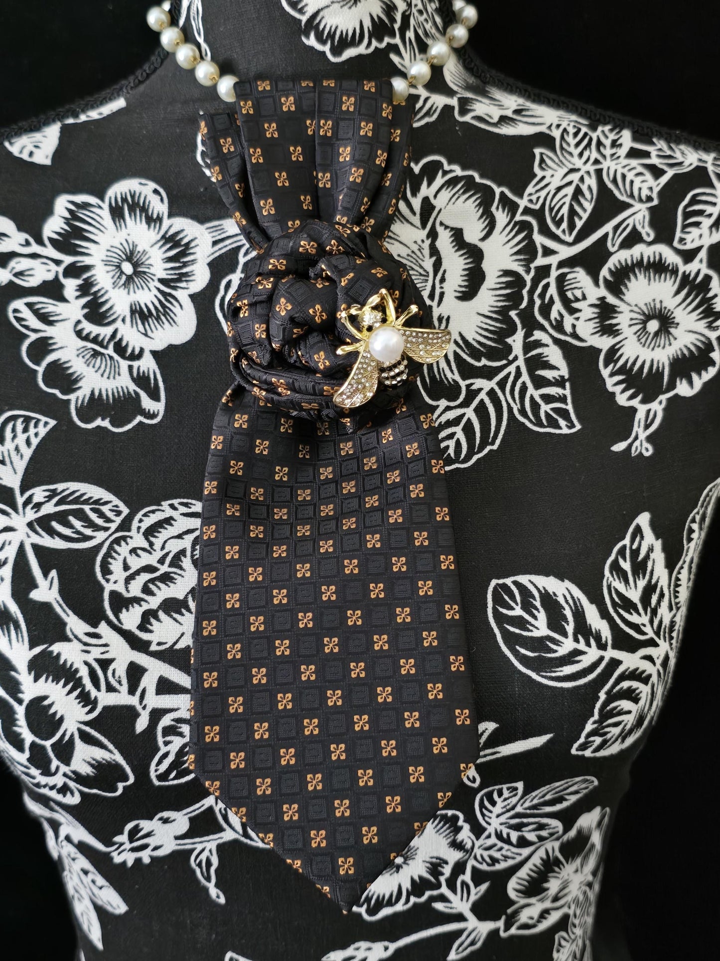 Handcrafted Black and Gold Silk Necktie Necklace: Bumble Bee Brooch Statement Jewelry