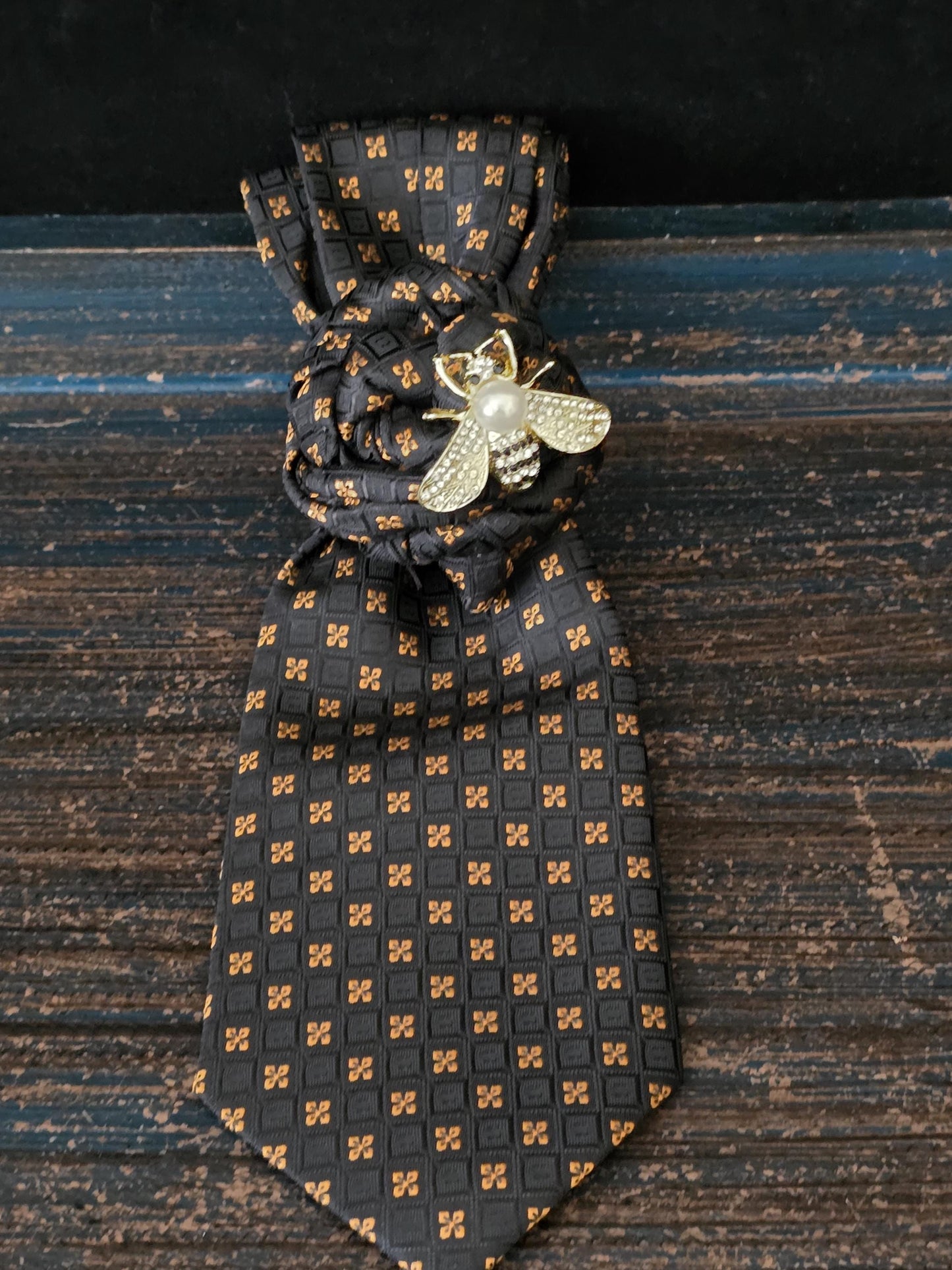 Handcrafted Black and Gold Silk Necktie Necklace: Bumble Bee Brooch Statement Jewelry