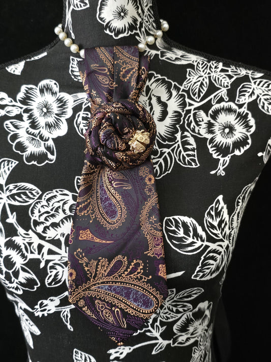 Simply Elegant Purple and Gold Silk Necktie Necklace: Ladybug Brooch Statement Jewelry