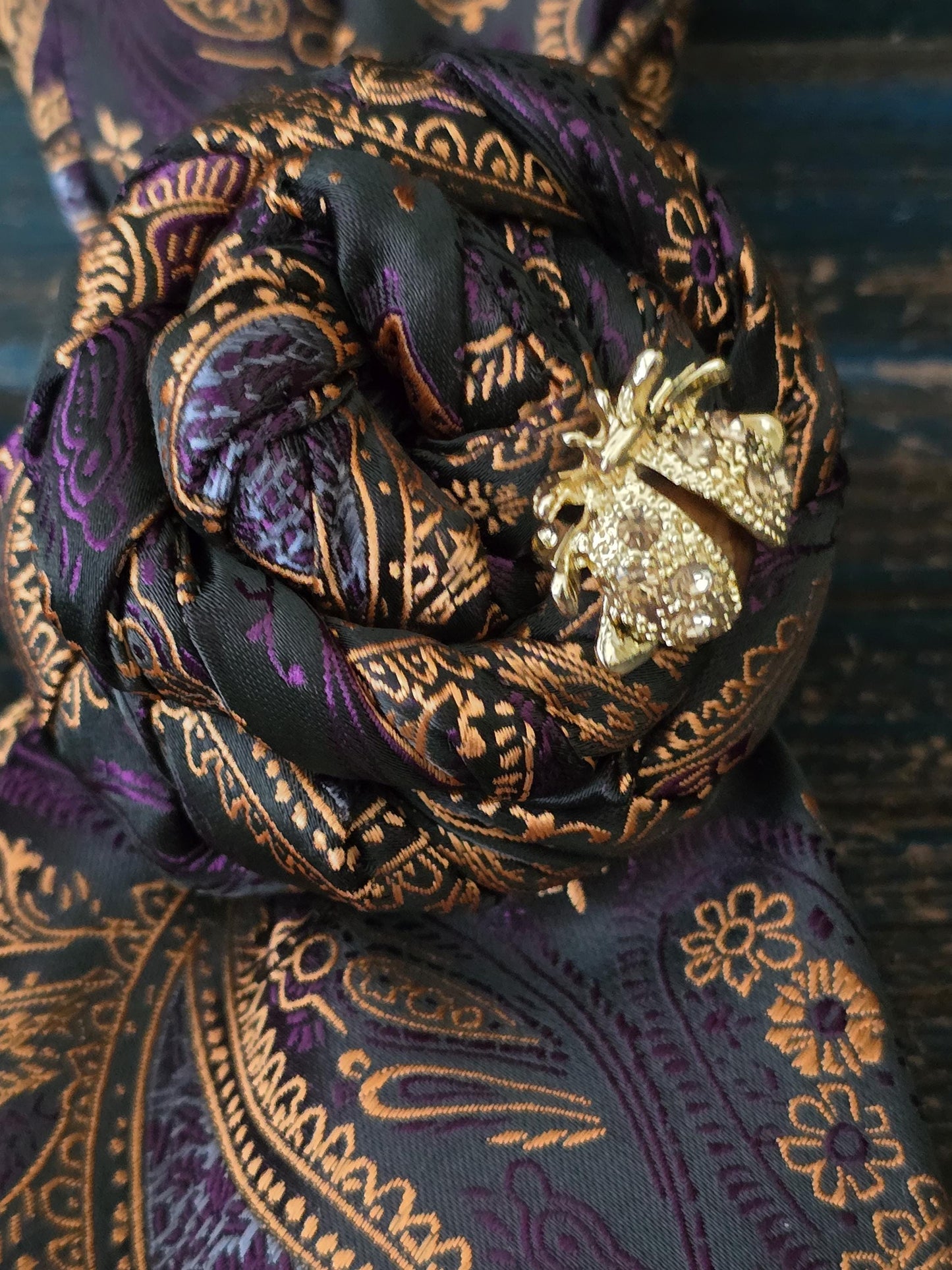 Simply Elegant Purple and Gold Silk Necktie Necklace: Ladybug Brooch Statement Jewelry