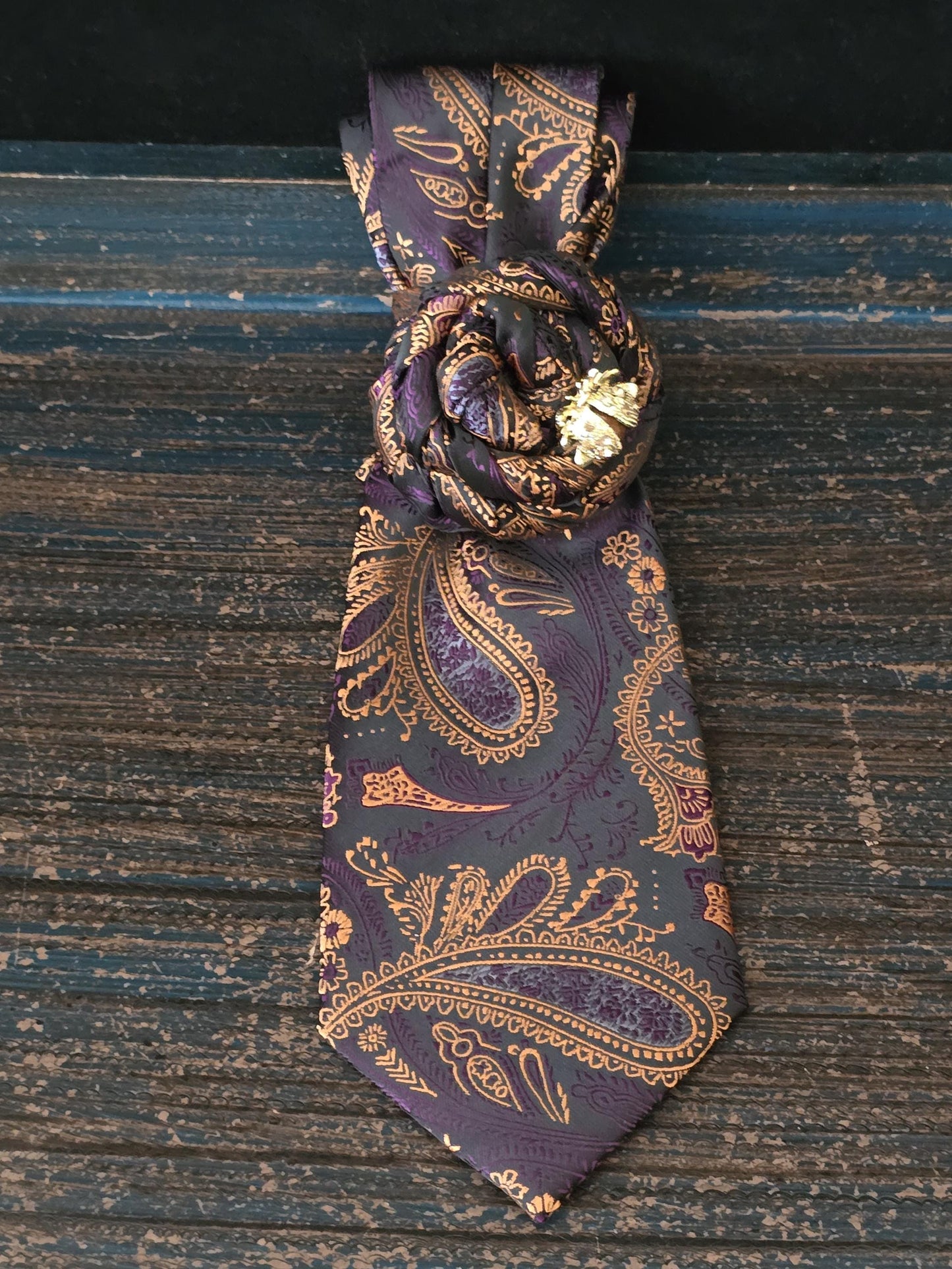 Simply Elegant Purple and Gold Silk Necktie Necklace: Ladybug Brooch Statement Jewelry