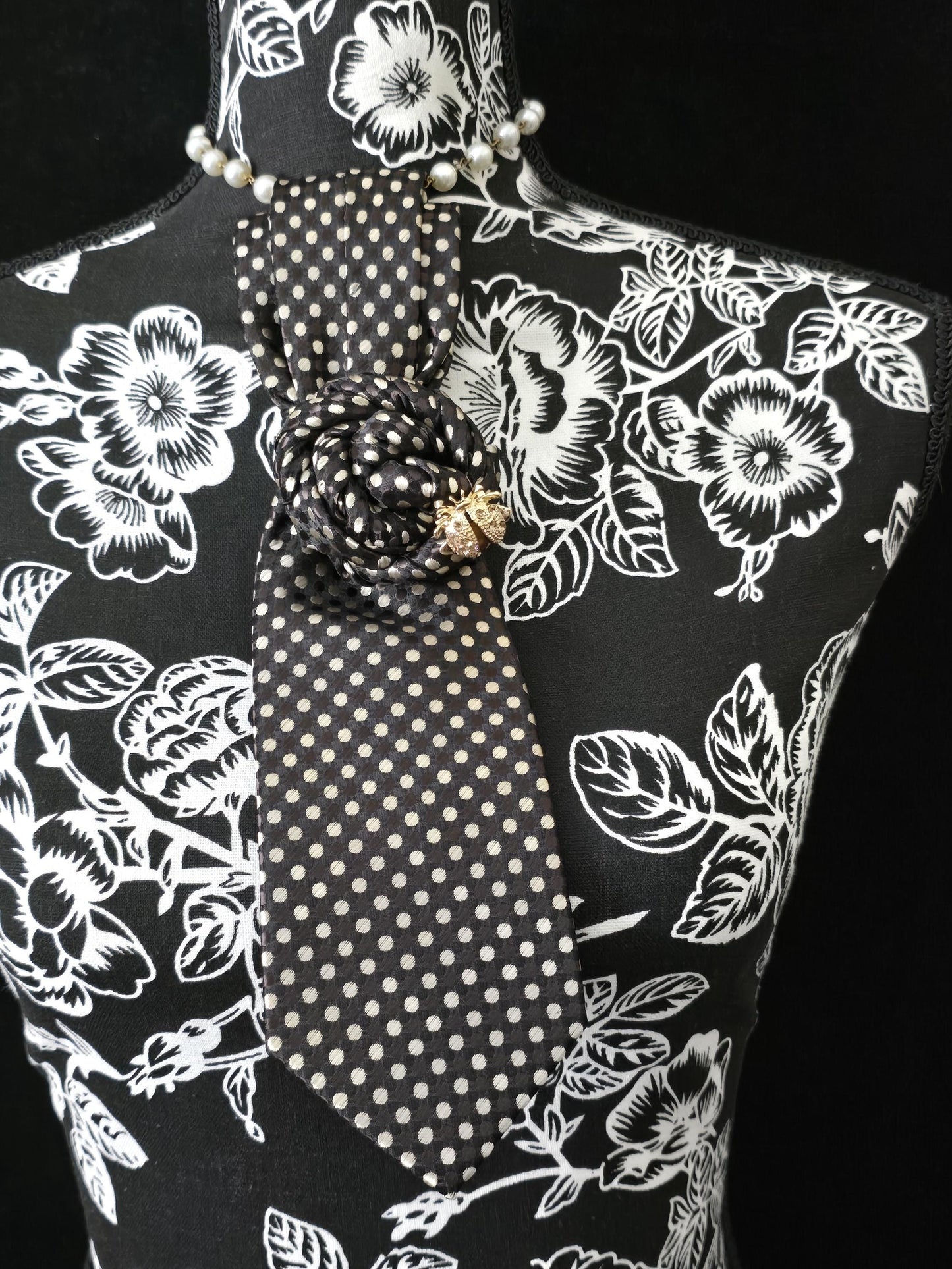 Handcrafted Chocolate Brown Silk Necktie Necklace: Ladybug Brooch Statement Jewelry