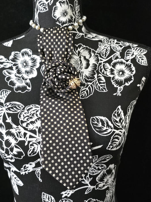 Handcrafted Chocolate Brown Silk Necktie Necklace: Ladybug Brooch Statement Jewelry