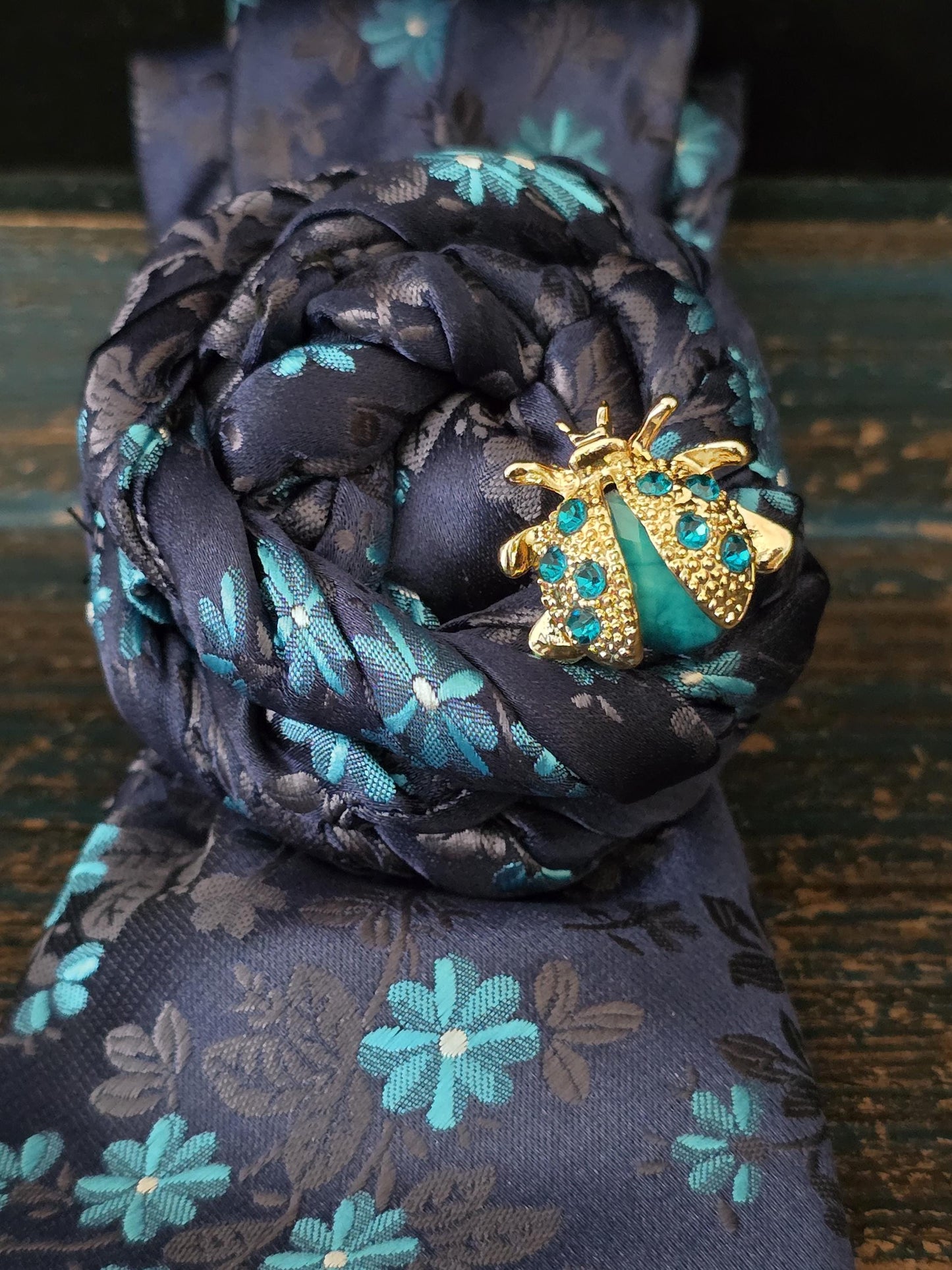 Blue Floral Necktie Necklace: Ladybug Brooch Statement Jewelry