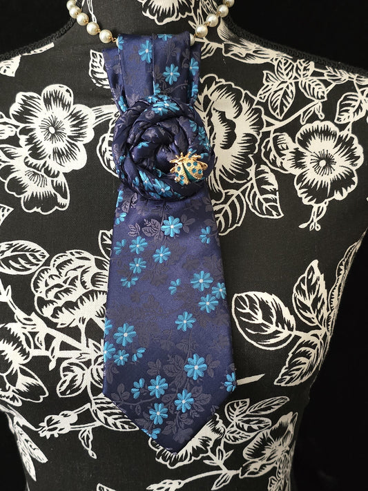 Blue Floral Necktie Necklace: Ladybug Brooch Statement Jewelry
