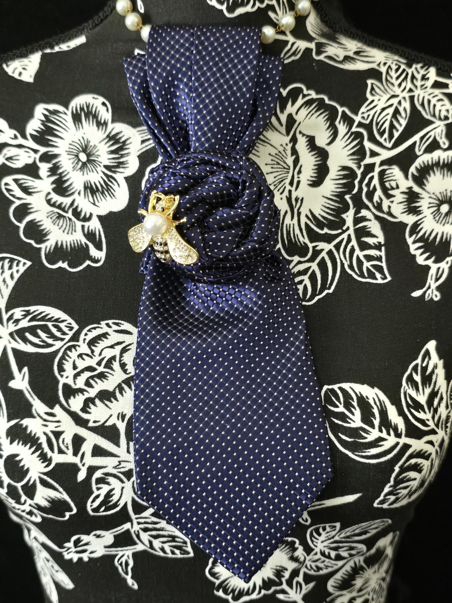 Blue and Gold Silk Necktie Necklace: Bumble Bee Brooch, Handmade Statement Jewelry