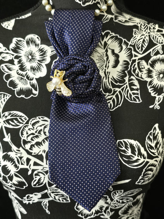 Blue and Gold Silk Necktie Necklace: Bumble Bee Brooch, Handmade Statement Jewelry