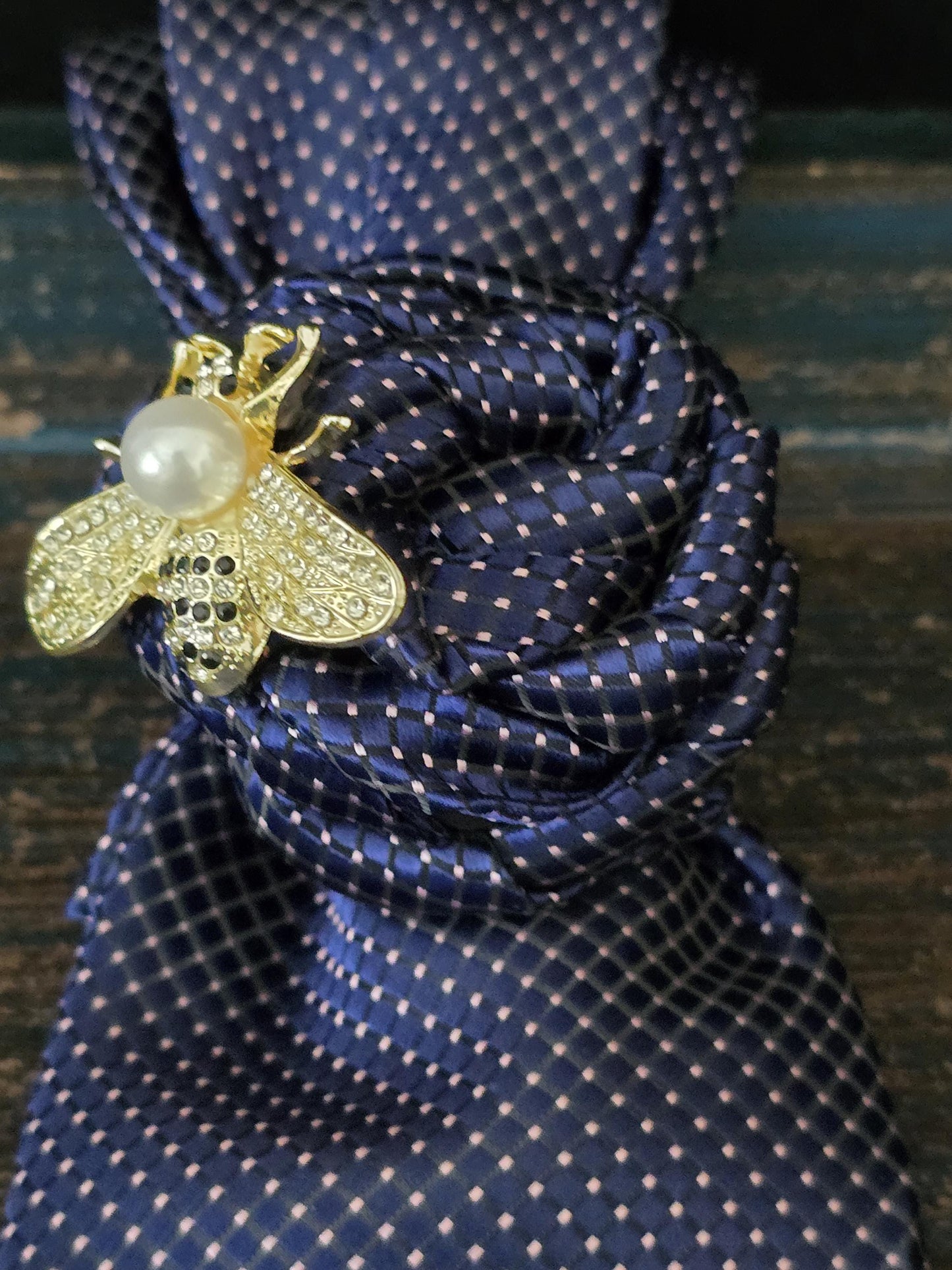 Blue and Gold Silk Necktie Necklace: Bumble Bee Brooch, Handmade Statement Jewelry