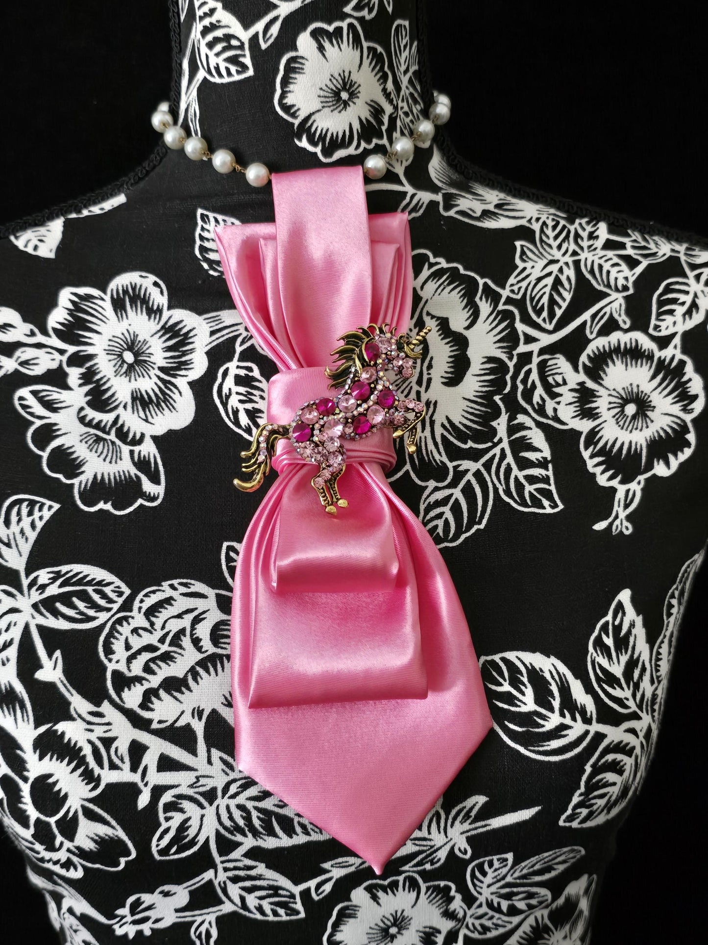 Pink Unicorn Brooch Necktie Necklace: Silk Tie, Rhinestone, Pearl Option
