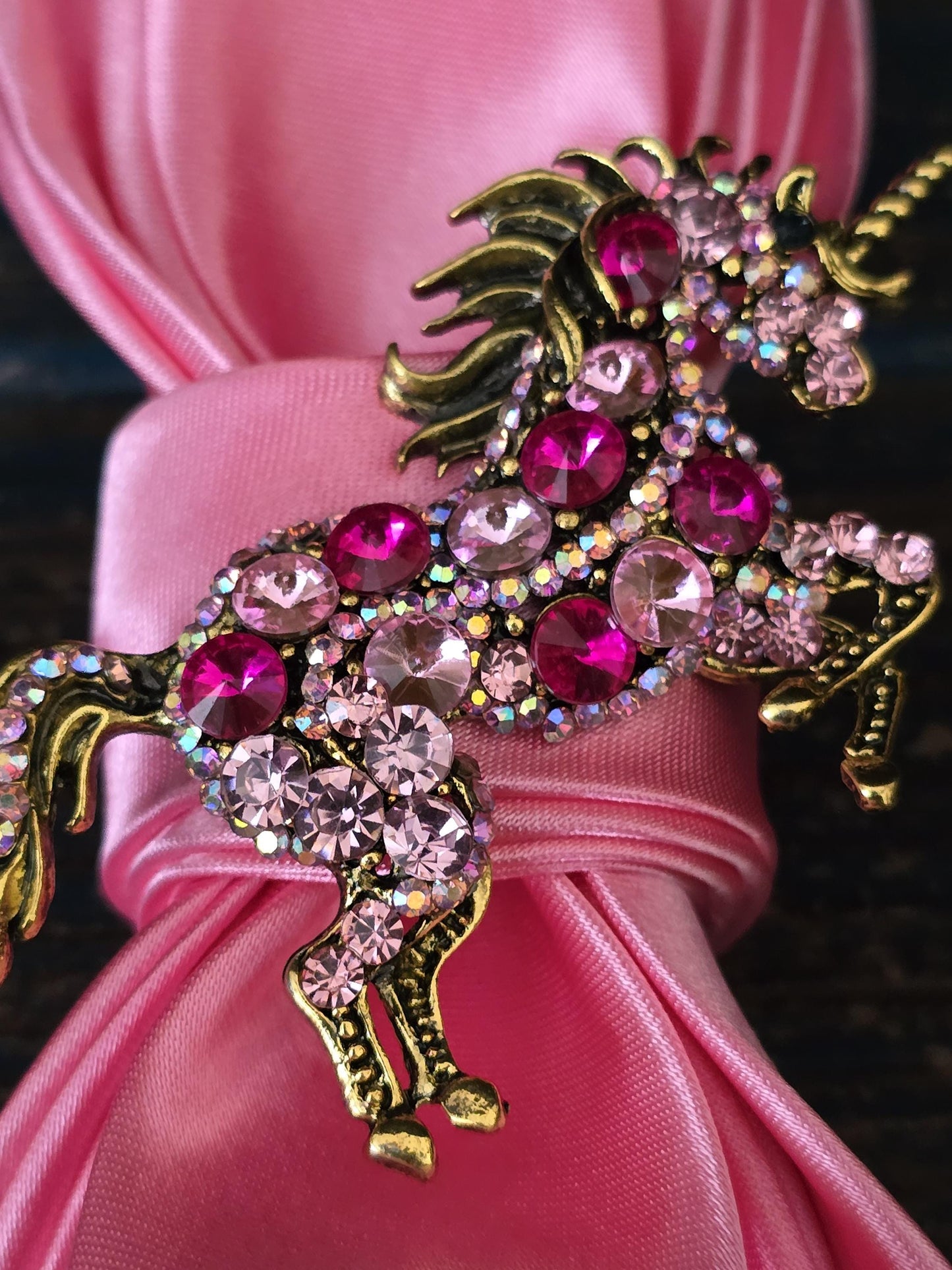 Pink Unicorn Brooch Necktie Necklace: Silk Tie, Rhinestone, Pearl Option