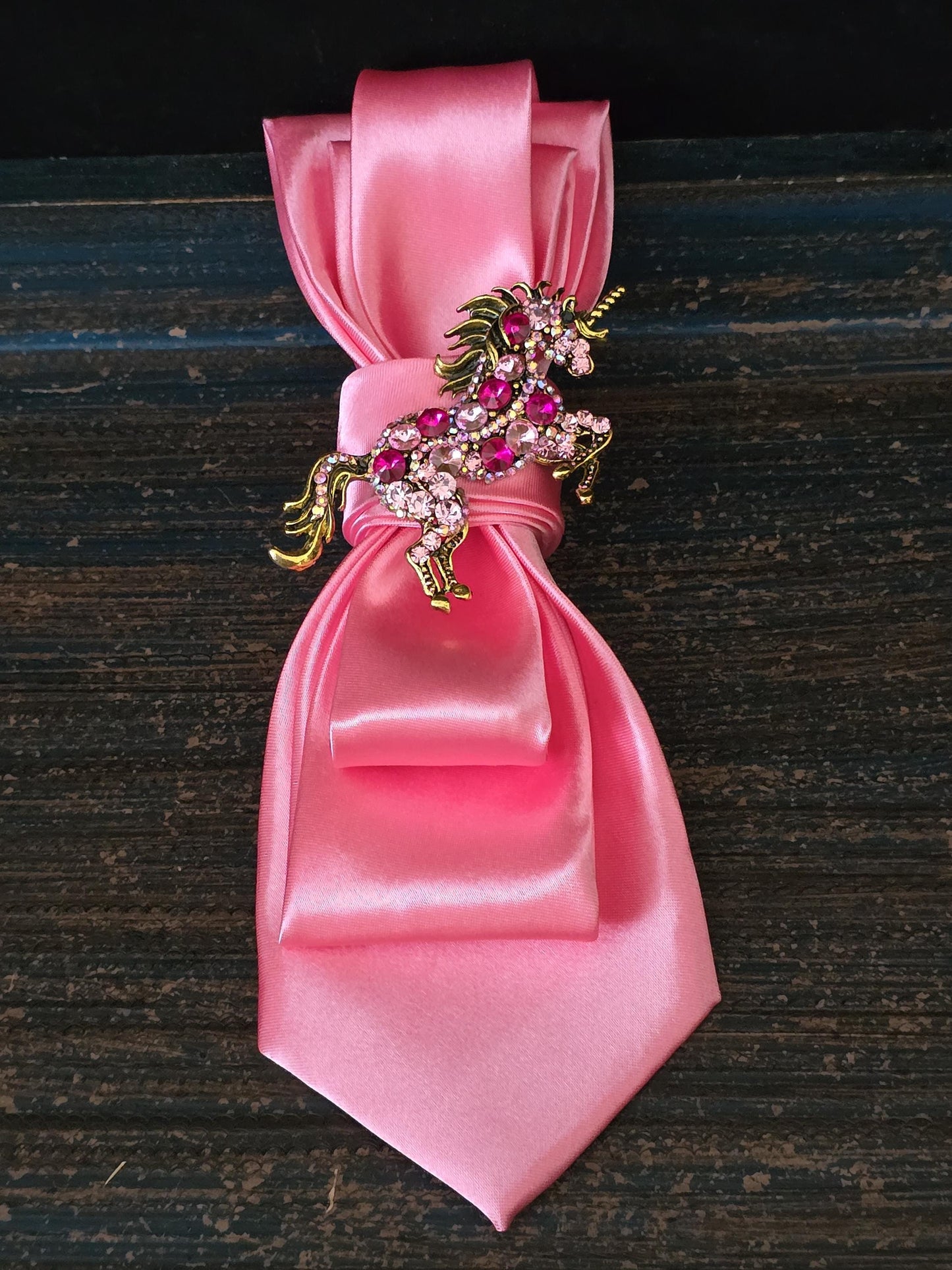 Pink Unicorn Brooch Necktie Necklace: Silk Tie, Rhinestone, Pearl Option
