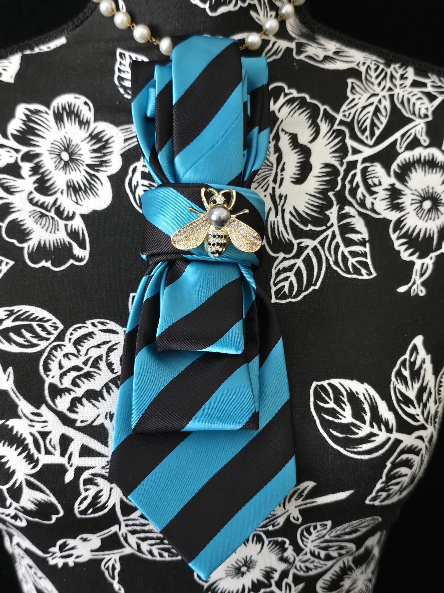 Teal and Black Stripe Silk Necktie Necklace: Rhinestone Bee Brooch