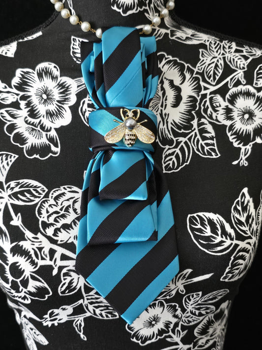 Teal and Black Stripe Silk Necktie Necklace: Rhinestone Bee Brooch