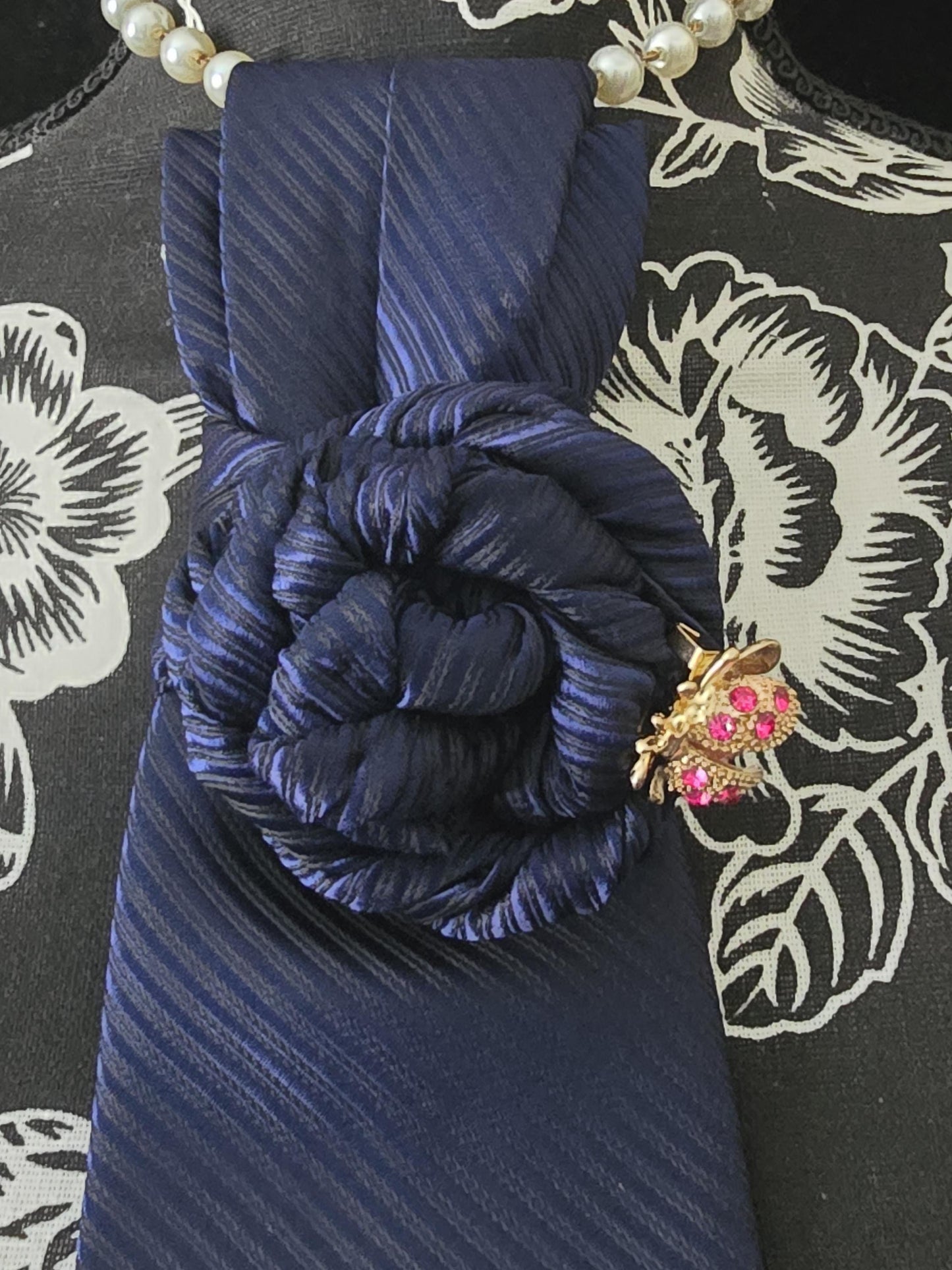 Simply Elegant Navy Blue Necktie Necklace: Ladybug Brooch Statement Jewelry