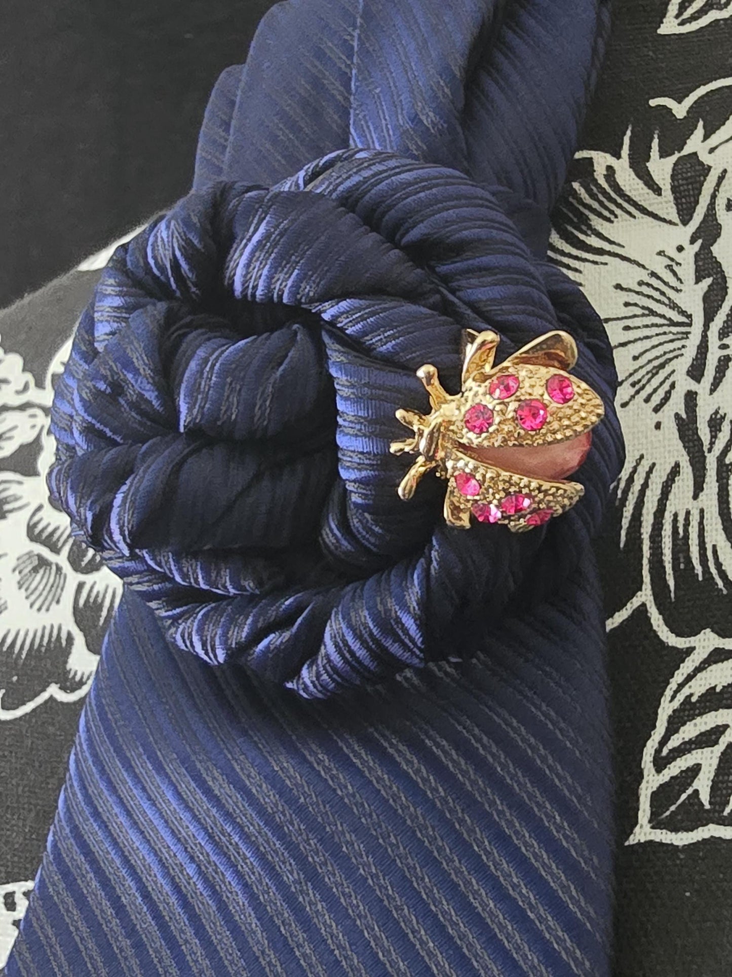 Simply Elegant Navy Blue Necktie Necklace: Ladybug Brooch Statement Jewelry