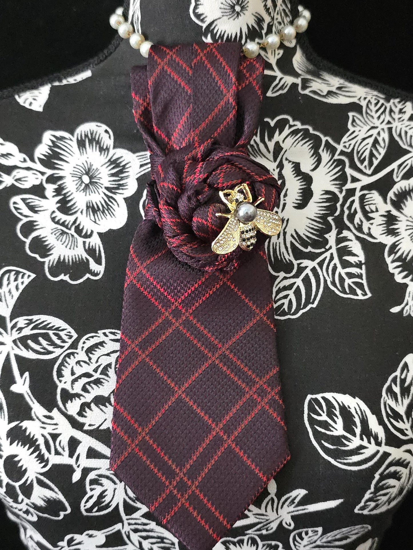 Red Plaid Necktie Necklace: Bumble Bee Brooch, Handmade Statement Jewelry