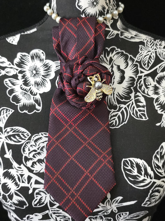 Red Plaid Necktie Necklace: Bumble Bee Brooch, Handmade Statement Jewelry