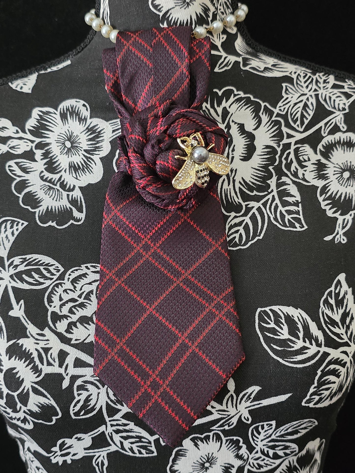 Red Plaid Necktie Necklace: Bumble Bee Brooch, Handmade Statement Jewelry