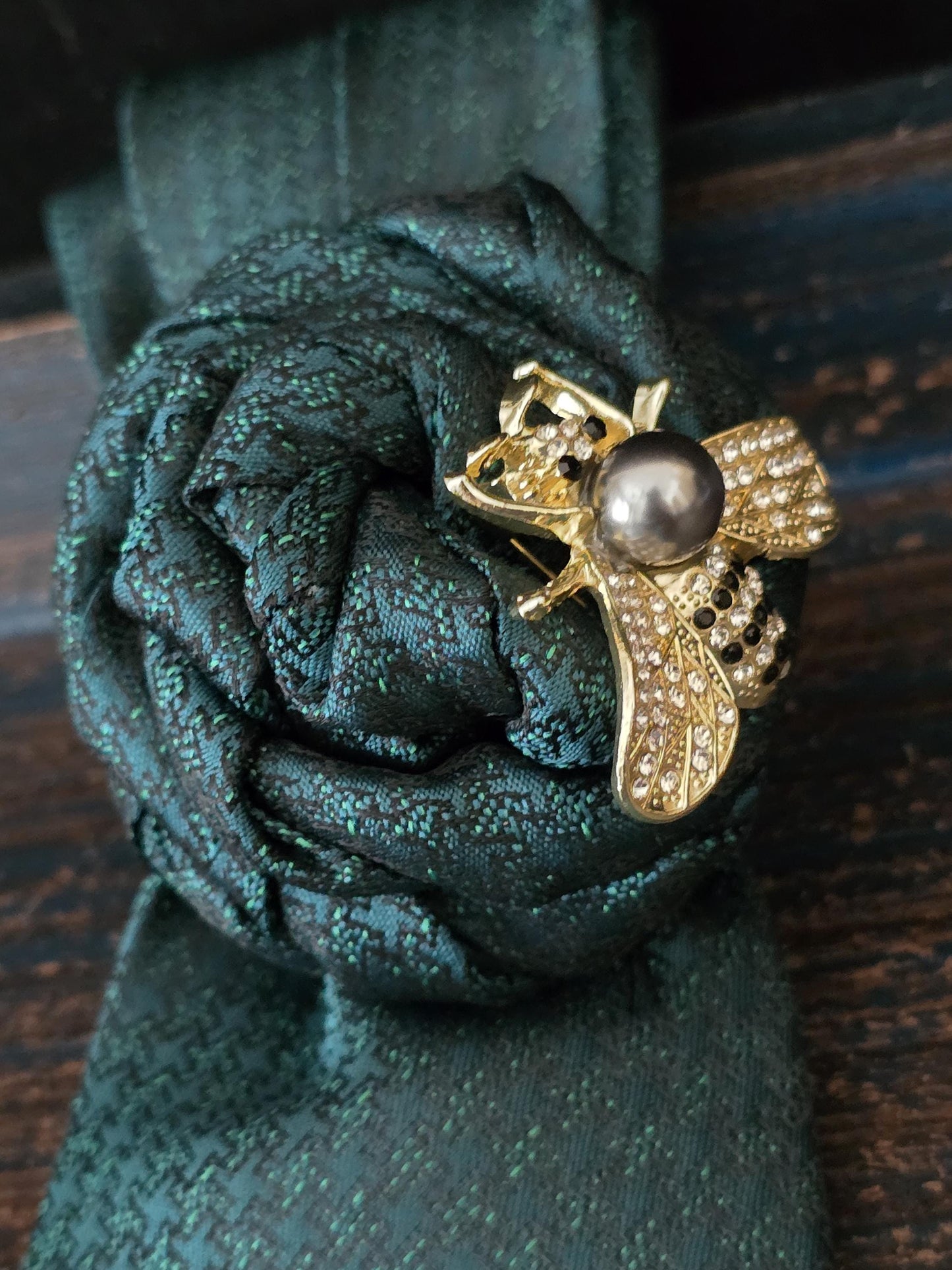 Simple but Elegant Green Necktie Necklace: Bumble Bee Brooch, Handmade Statement Jewelry